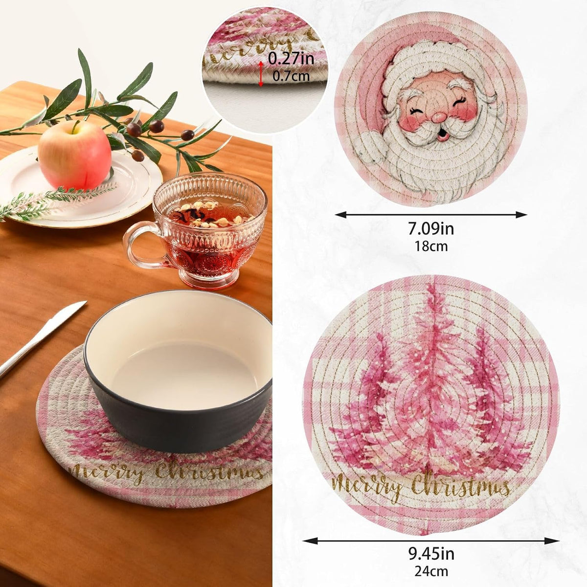 Pink Chrtsmas Tree Trivet Mat 2PCS Hello Winter Snowflake Round Woven Potholders Kitchen Table Countertop Protector Hot Pads Farmhouse