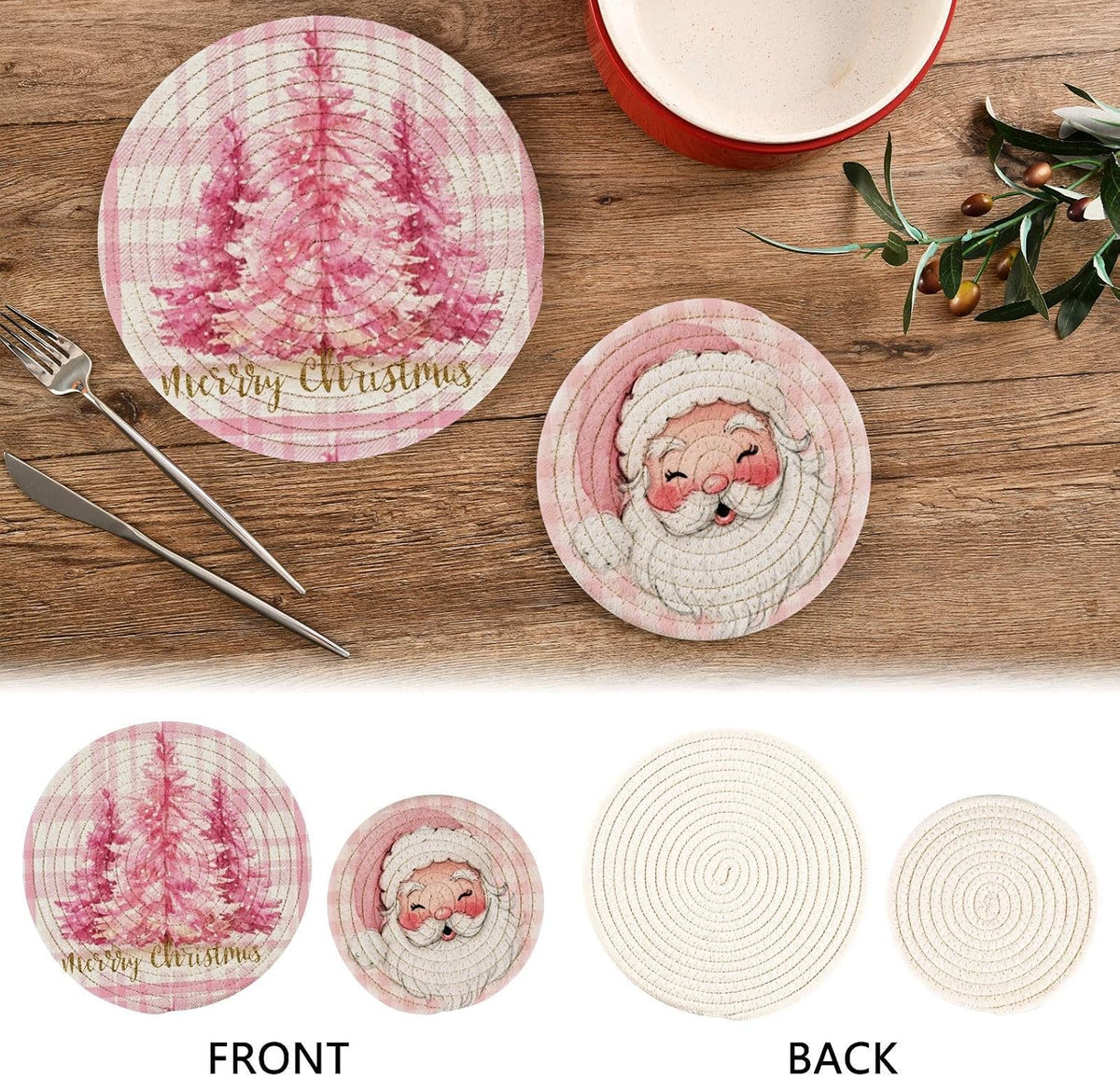 Pink Chrtsmas Tree Trivet Mat 2PCS Hello Winter Snowflake Round Woven Potholders Kitchen Table Countertop Protector Hot Pads Farmhouse