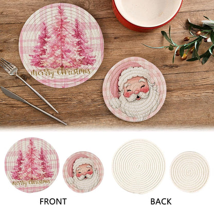 Pink Chrtsmas Tree Trivet Mat 2PCS Hello Winter Snowflake Round Woven Potholders Kitchen Table Countertop Protector Hot Pads Farmhouse