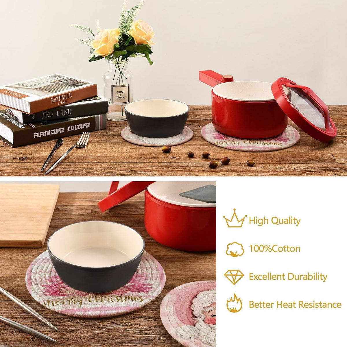 Pink Chrtsmas Tree Trivet Mat 2PCS Hello Winter Snowflake Round Woven Potholders Kitchen Table Countertop Protector Hot Pads Farmhouse