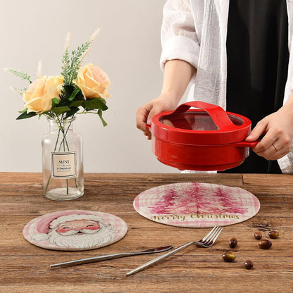 Pink Chrtsmas Tree Trivet Mat 2PCS Hello Winter Snowflake Round Woven Potholders Kitchen Table Countertop Protector Hot Pads Farmhouse