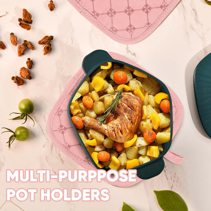 Oven Mitts Kitchen Towels Dishcloths with Pot Holders Sets 12PCS, Dish Towels Sets, Oven Gloves Pot Pads Heat Resistant 500 Degrees with Non-Slip Silicone Surface for Cooking Baking Grilling-Pink