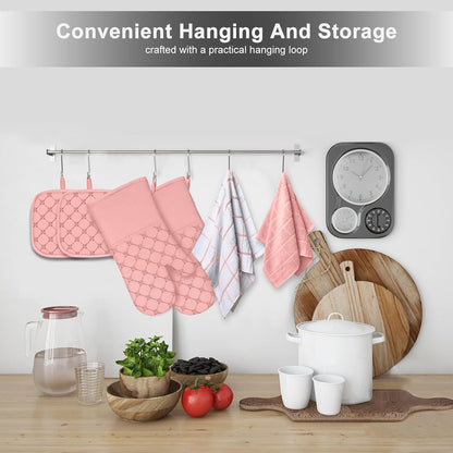 Oven Mitts Kitchen Towels Dishcloths with Pot Holders Sets 12PCS, Dish Towels Sets, Oven Gloves Pot Pads Heat Resistant 500 Degrees with Non-Slip Silicone Surface for Cooking Baking Grilling-Pink