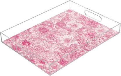 Retro Floral Rose Pink Serving Tray 12" x 16" Acrylic Trays with Handles Decorative Serving Platter for Coffee, Breakfast in Bed, Dinner, Appetizers, Patio, Party
