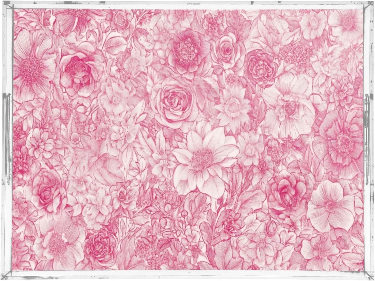 Retro Floral Rose Pink Serving Tray 12" x 16" Acrylic Trays with Handles Decorative Serving Platter for Coffee, Breakfast in Bed, Dinner, Appetizers, Patio, Party