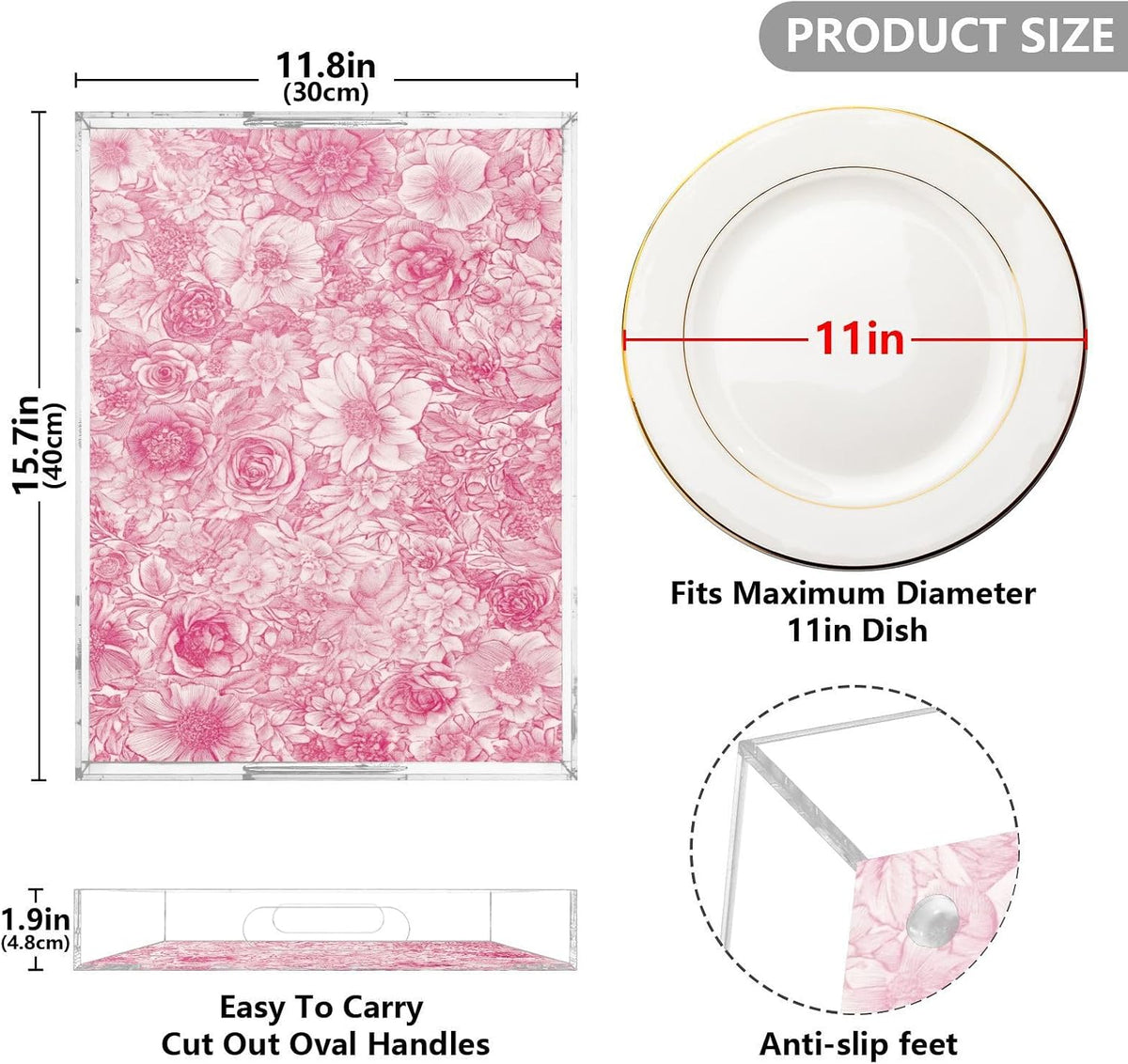 Retro Floral Rose Pink Serving Tray 12" x 16" Acrylic Trays with Handles Decorative Serving Platter for Coffee, Breakfast in Bed, Dinner, Appetizers, Patio, Party