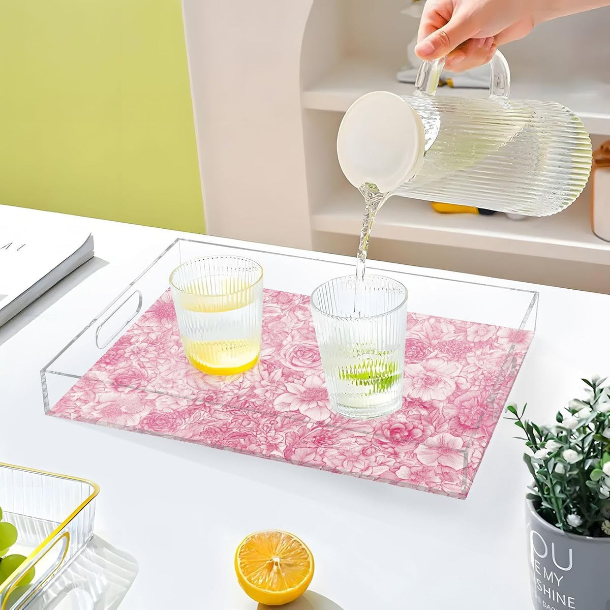 Retro Floral Rose Pink Serving Tray 12" x 16" Acrylic Trays with Handles Decorative Serving Platter for Coffee, Breakfast in Bed, Dinner, Appetizers, Patio, Party