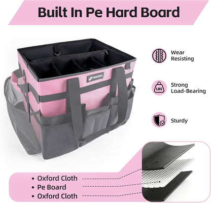 Large Rolling Cleaning Caddy Bag with Wheels, with Detachable Trolley, Cleaning Bags on Wheels for Housekeepers, Cleaning Cart Supplies Organizer for Home, Car, Picnic (Pink)