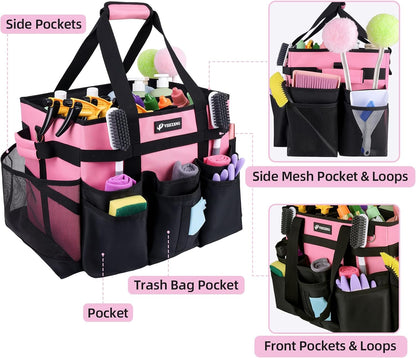 Large Rolling Cleaning Caddy Bag with Wheels, with Detachable Trolley, Cleaning Bags on Wheels for Housekeepers, Cleaning Cart Supplies Organizer for Home, Car, Picnic (Pink)