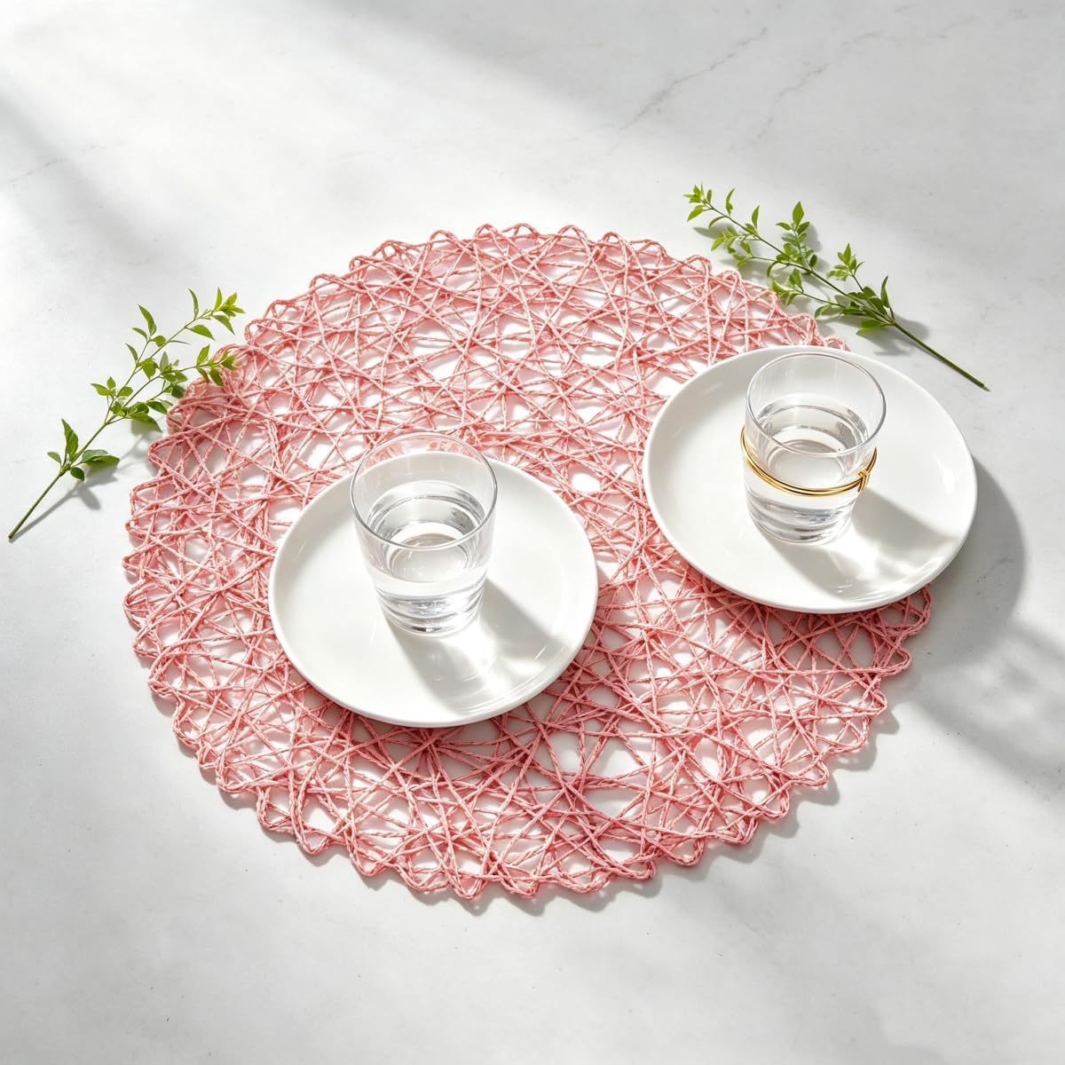 Pink Round Placemats Set of 12 for Dining Table, 13 Inches Paper Woven Boho Small Decorative Circle Place Mat for Wedding Christmas Thanksgiving Day Holiday Dinner, Pink