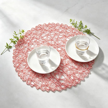 Pink Round Placemats Set of 12 for Dining Table, 13 Inches Paper Woven Boho Small Decorative Circle Place Mat for Wedding Christmas Thanksgiving Day Holiday Dinner, Pink
