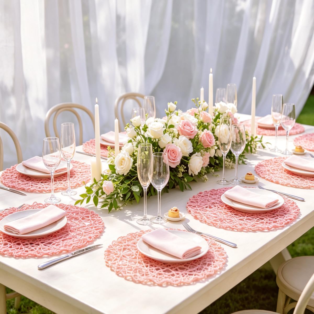 Pink Round Placemats Set of 12 for Dining Table, 13 Inches Paper Woven Boho Small Decorative Circle Place Mat for Wedding Christmas Thanksgiving Day Holiday Dinner, Pink