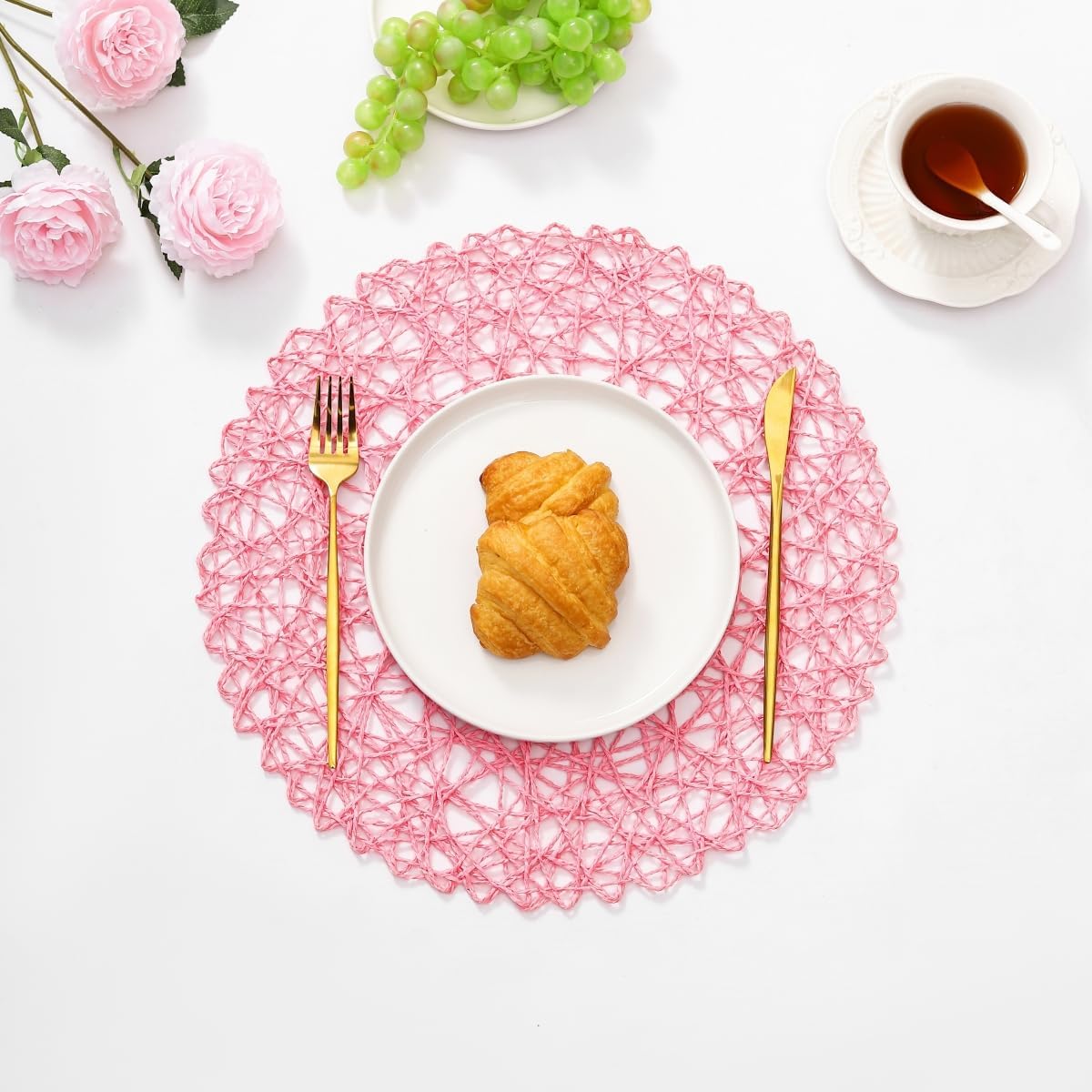 Pink Round Placemats Set of 12 for Dining Table, 13 Inches Paper Woven Boho Small Decorative Circle Place Mat for Wedding Christmas Thanksgiving Day Holiday Dinner, Pink