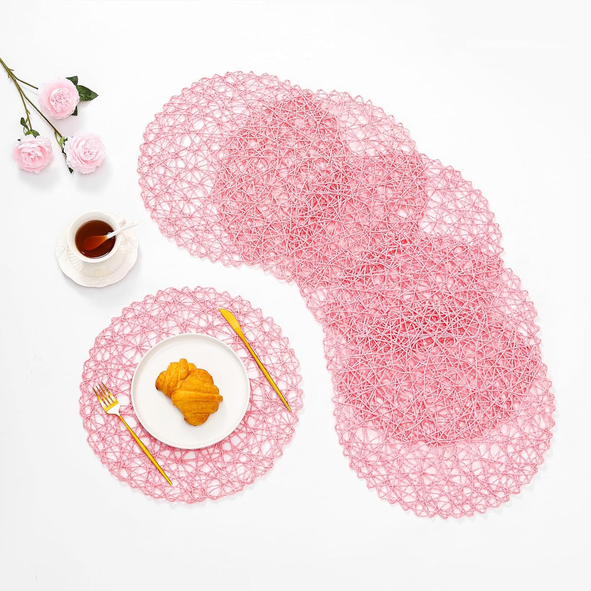Pink Round Placemats Set of 12 for Dining Table, 13 Inches Paper Woven Boho Small Decorative Circle Place Mat for Wedding Christmas Thanksgiving Day Holiday Dinner, Pink