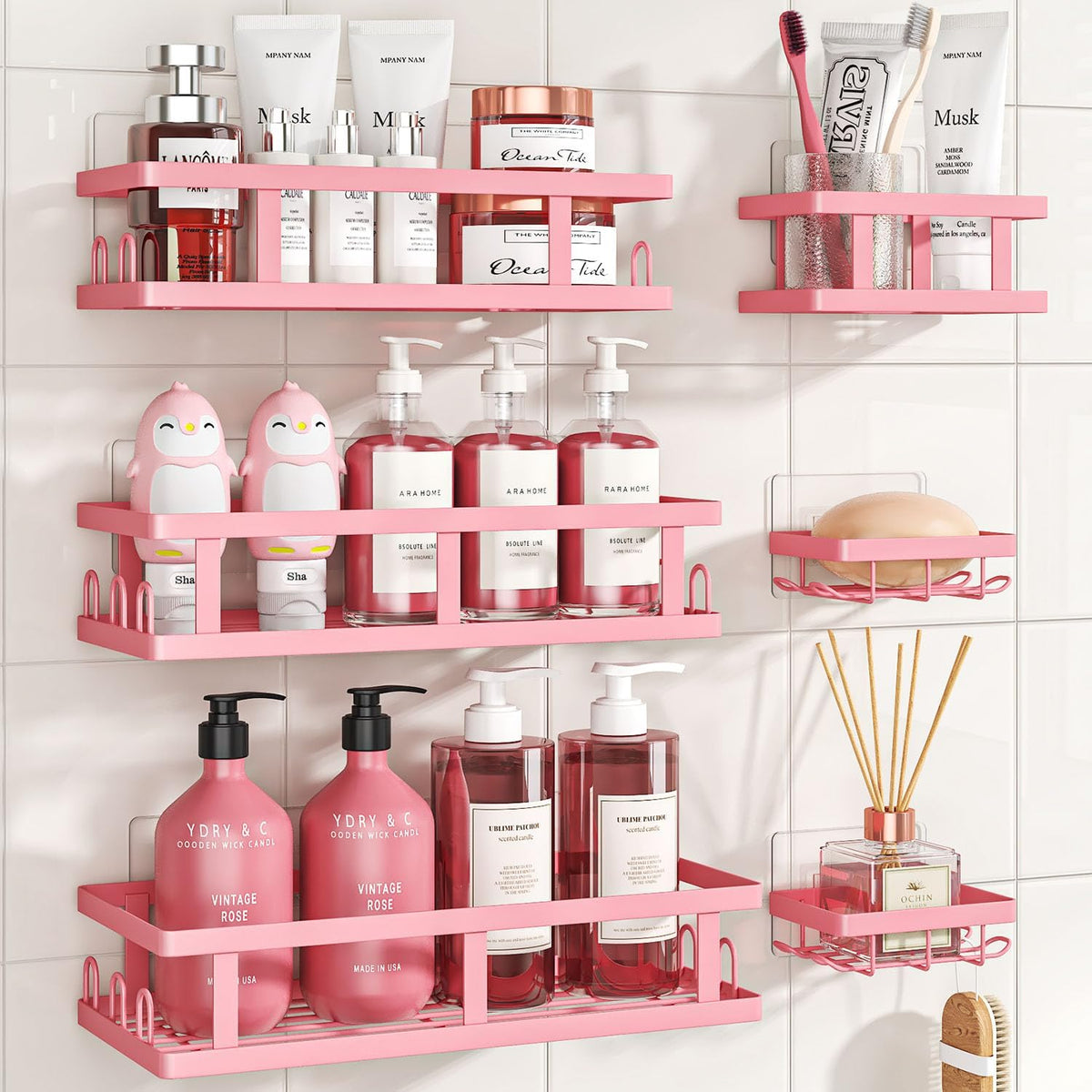 Pink Shower Caddy 6 Pack, Adhesive Shower Shelves