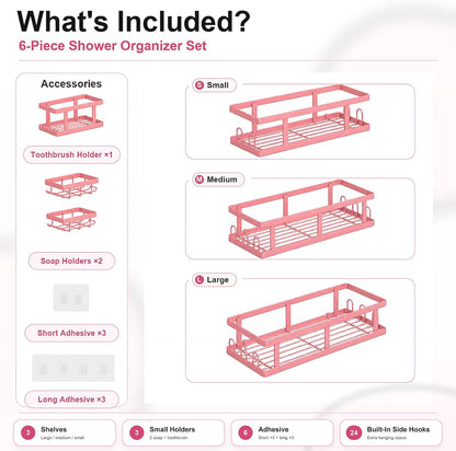 Pink Shower Caddy 6 Pack, Adhesive Shower Shelves
