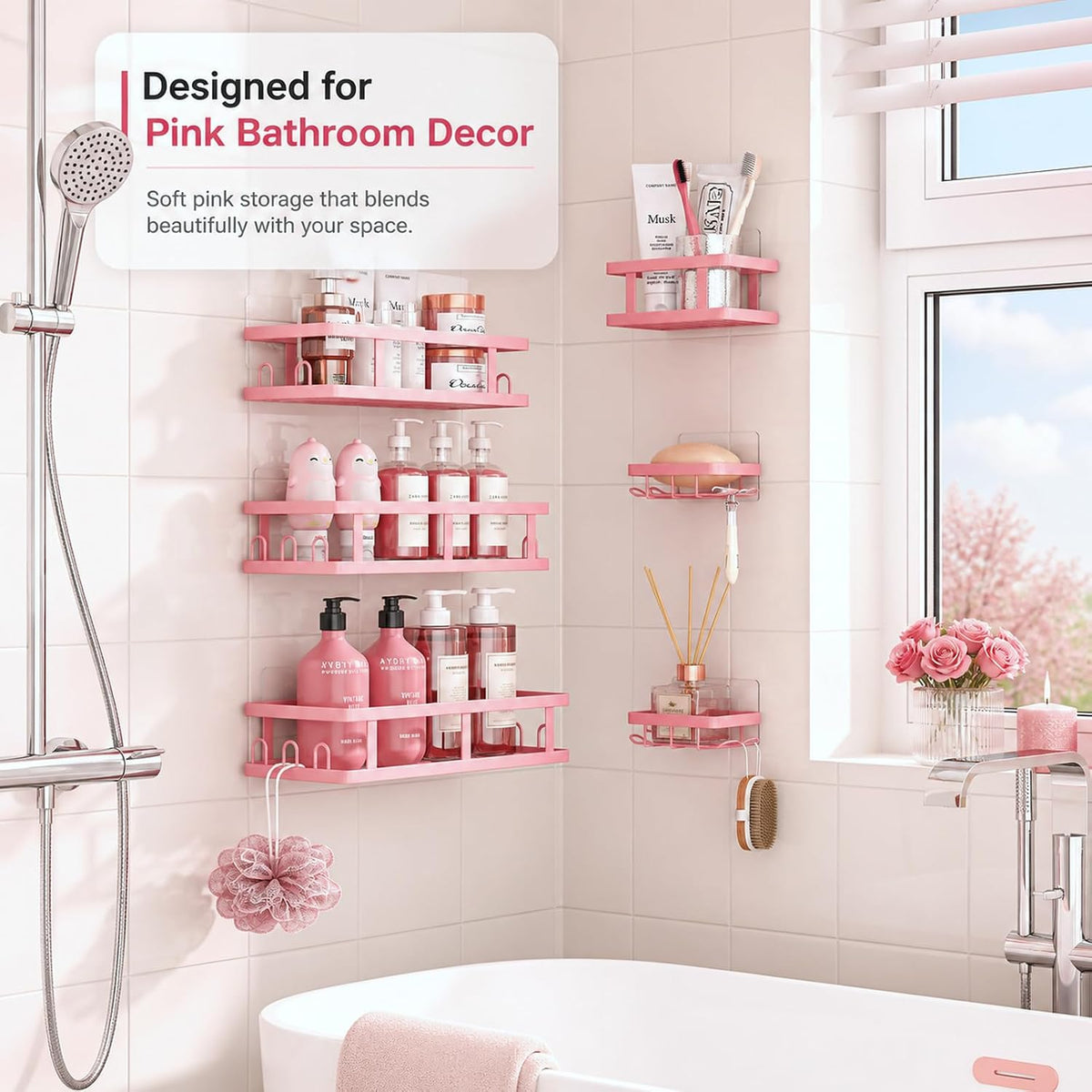 Pink Shower Caddy 6 Pack, Adhesive Shower Shelves