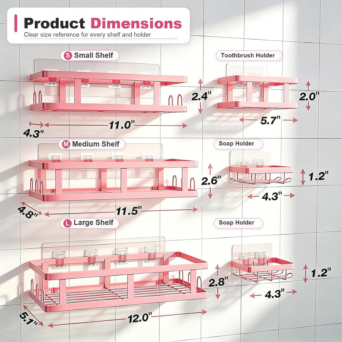 Pink Shower Caddy 6 Pack, Adhesive Shower Shelves