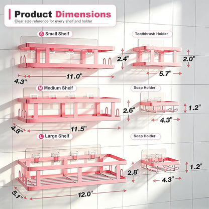 Pink Shower Caddy 6 Pack, Adhesive Shower Shelves