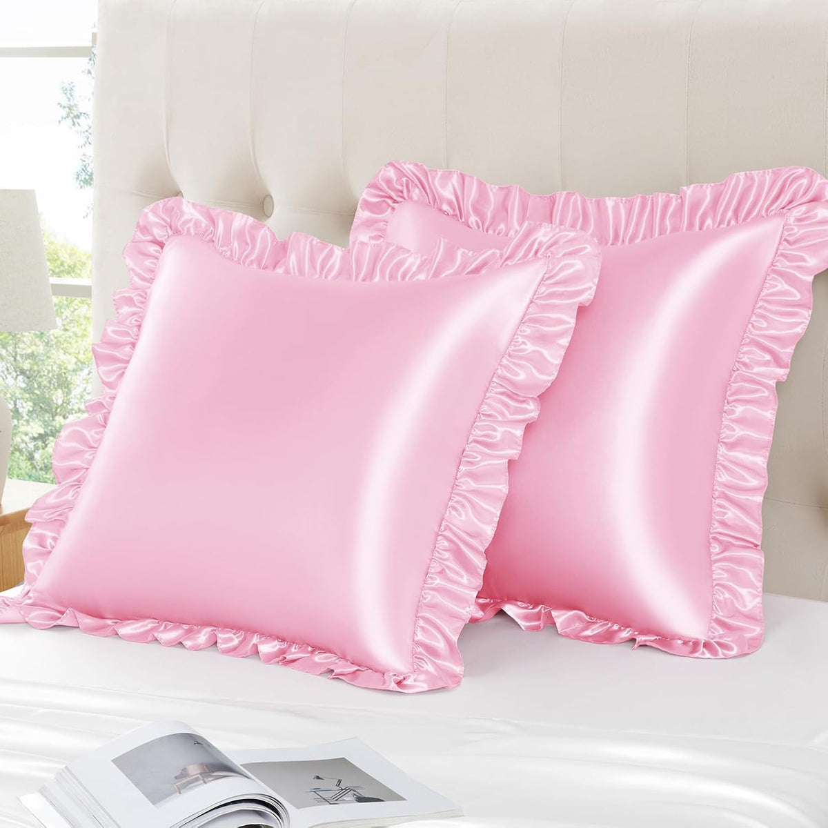 Pink Ruffle Pillow Covers, 18 x 18 Inch, Set of 2