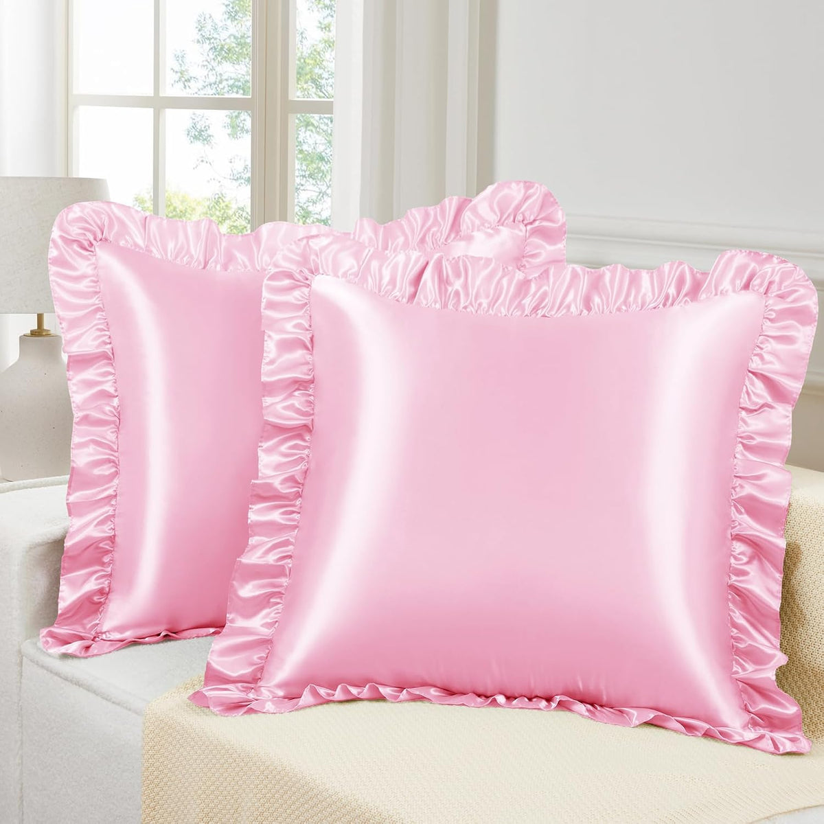 Pink Ruffle Pillow Covers, 18 x 18 Inch, Set of 2