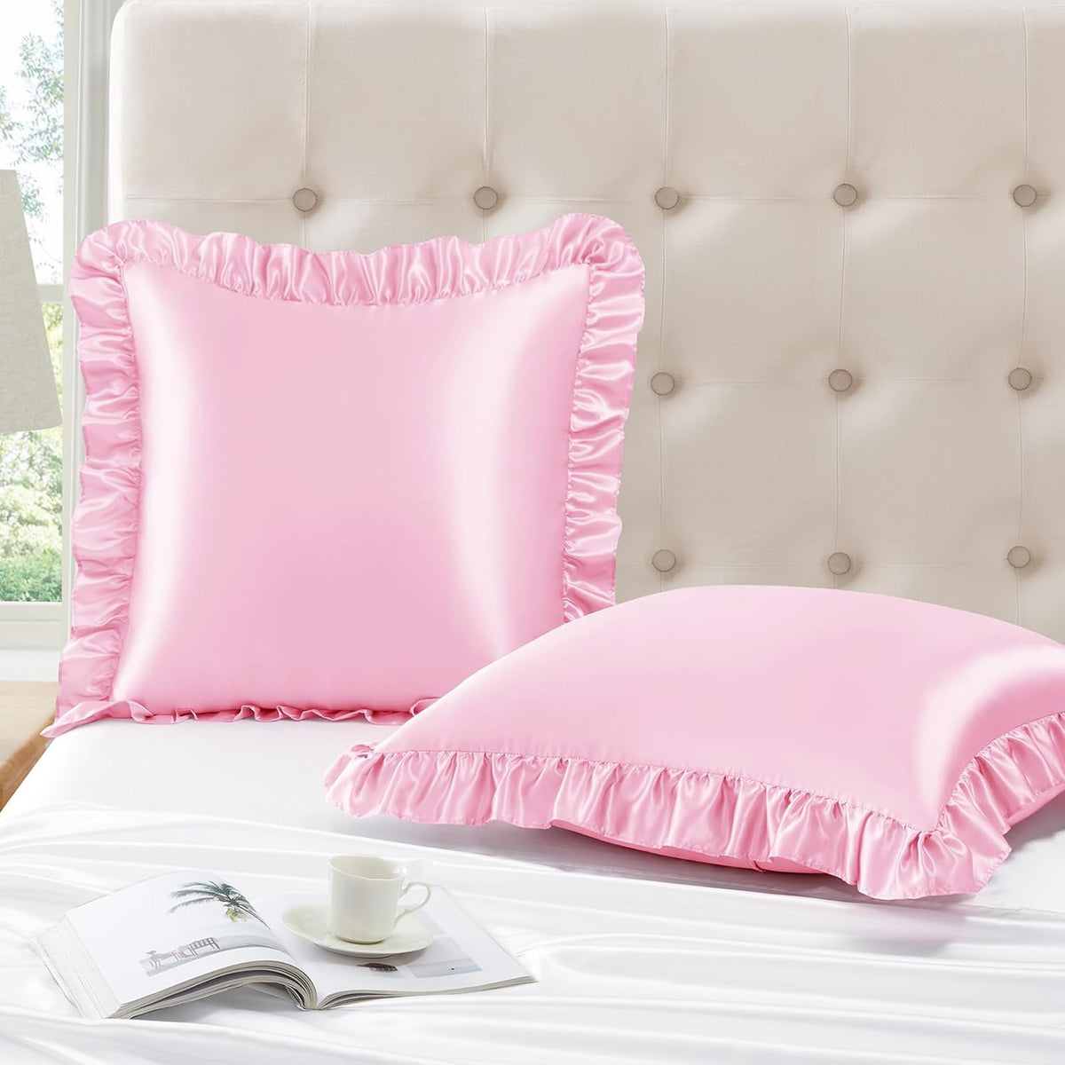 Pink Ruffle Pillow Covers, 18 x 18 Inch, Set of 2