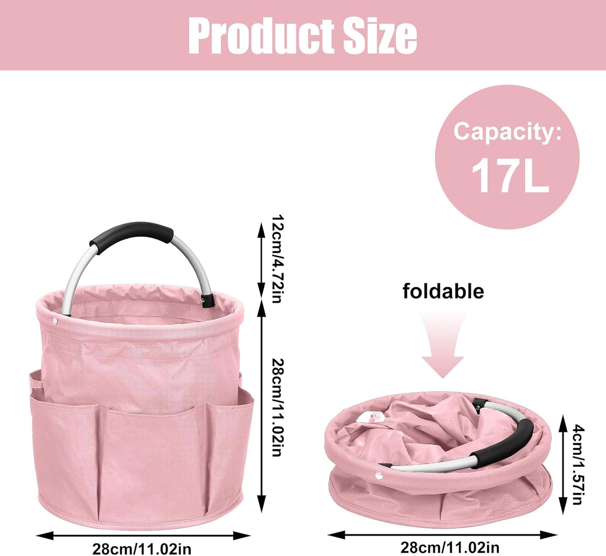 Feminine Portable Cleaning Caddy, 17L Foldable Cleaning Supply Caddy with Handle, Pink