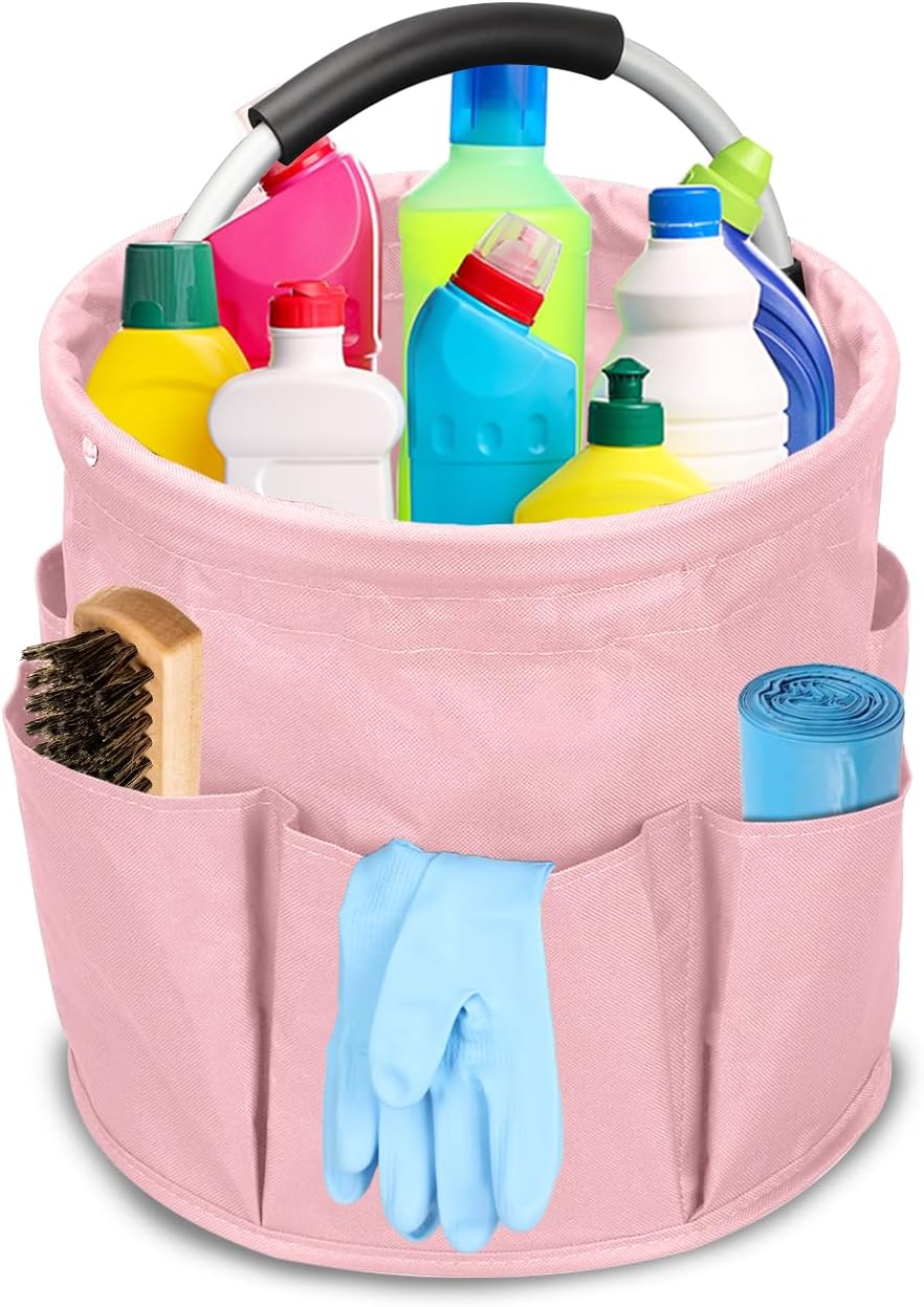 Feminine Portable Cleaning Caddy, 17L Foldable Cleaning Supply Caddy with Handle, Pink