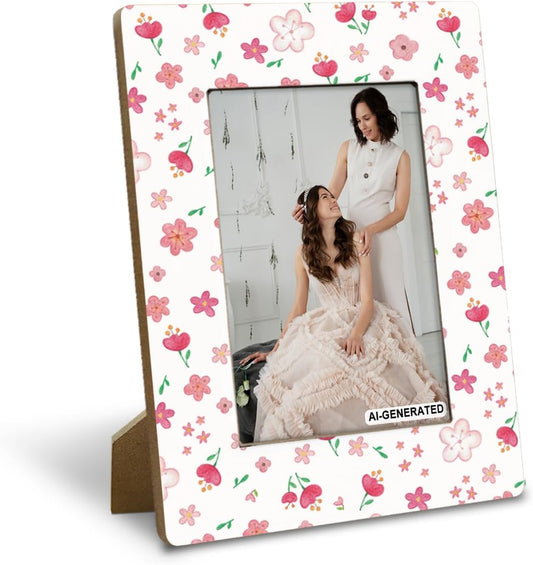 Watercolor Pink Floral Picture Frame 4x6 Inch - Cute Pastel Flower Design Frame, Rustic Wooden Home Decor for Women & Kids, Ideal for Nursery & Bedroom, Farmhouse Office Desk Decor