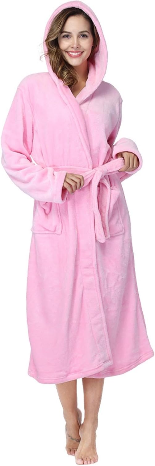 Women Shawl Collar Flannel Hooded Bathrobe Post Spa Towel Robe Nightgown Sleepwear
