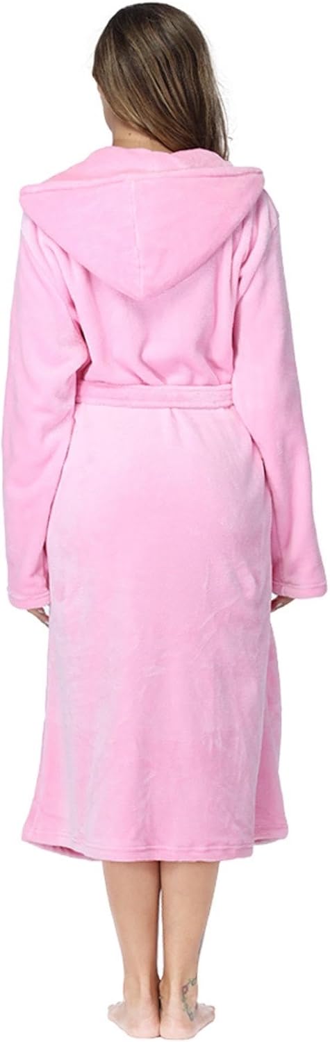 Women Shawl Collar Flannel Hooded Bathrobe Post Spa Towel Robe Nightgown Sleepwear