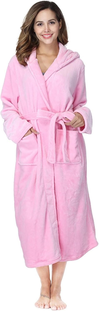 Women Shawl Collar Flannel Hooded Bathrobe Post Spa Towel Robe Nightgown Sleepwear