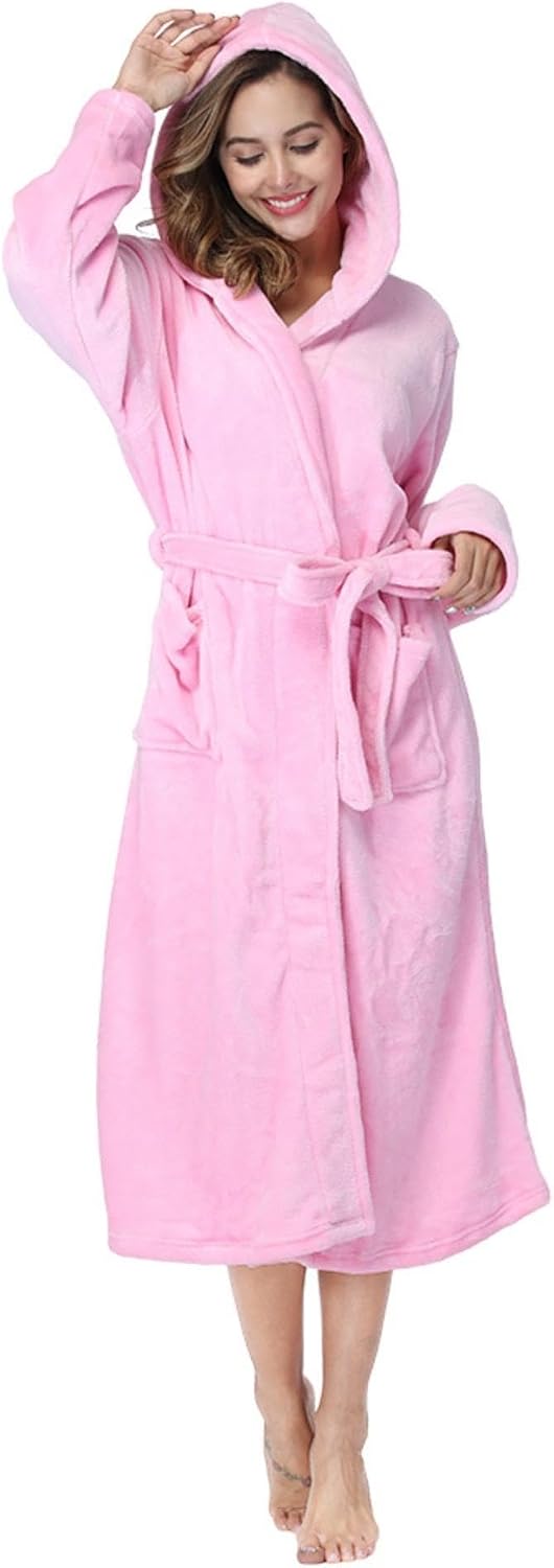 Women Shawl Collar Flannel Hooded Bathrobe Post Spa Towel Robe Nightgown Sleepwear