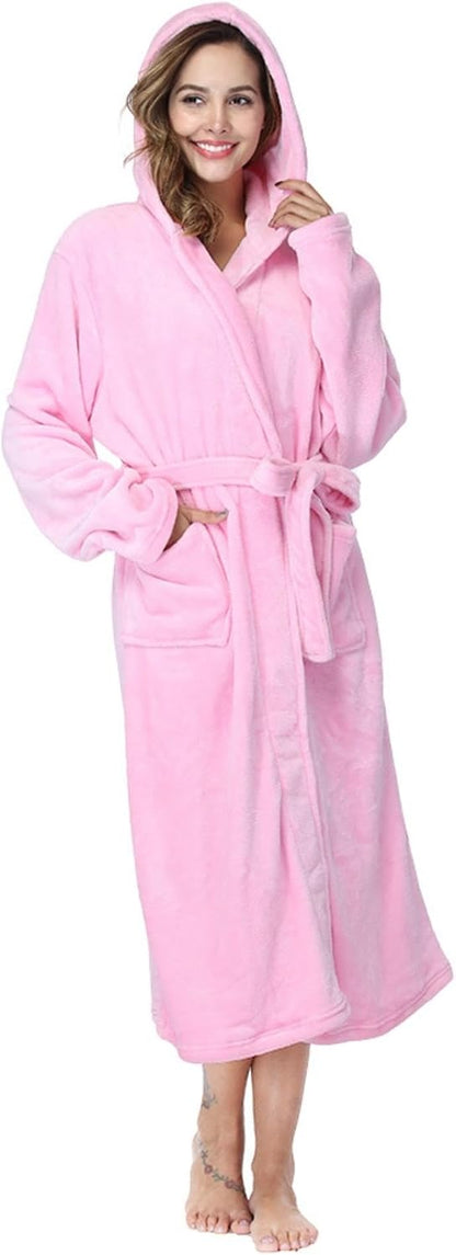 Women Shawl Collar Flannel Hooded Bathrobe Post Spa Towel Robe Nightgown Sleepwear