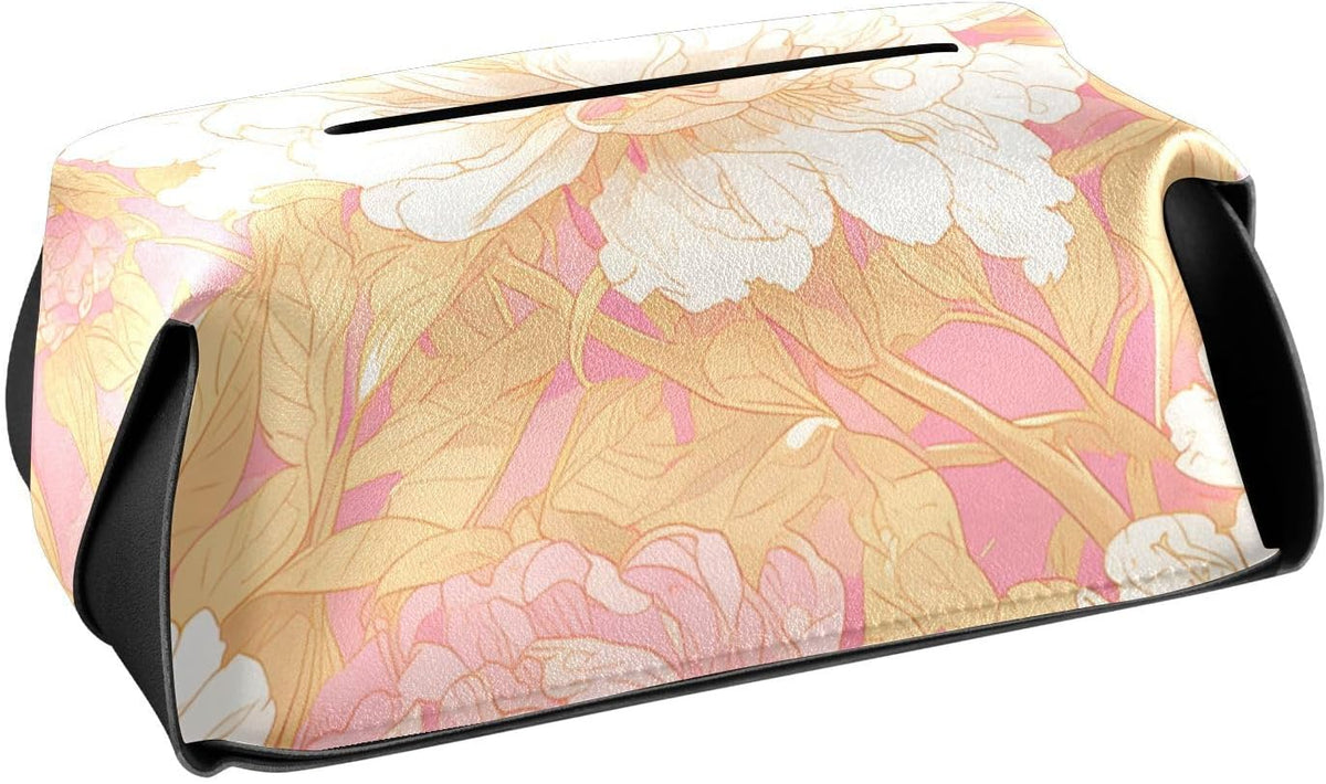 Leather tissue box holder Hanging napkin holder for car with Adjustable straps & zipper Reusable auto tissue dispenser Chinese Style Floral Peony Peach Gold
