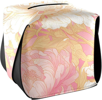 Leather tissue box holder Hanging napkin holder for car with Adjustable straps & zipper Reusable auto tissue dispenser Chinese Style Floral Peony Peach Gold