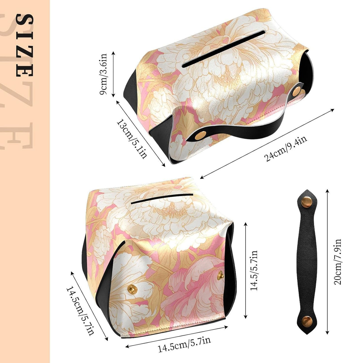 Leather tissue box holder Hanging napkin holder for car with Adjustable straps & zipper Reusable auto tissue dispenser Chinese Style Floral Peony Peach Gold
