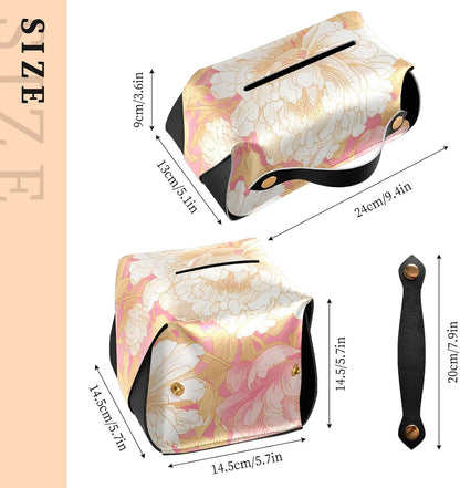 Leather tissue box holder Hanging napkin holder for car with Adjustable straps & zipper Reusable auto tissue dispenser Chinese Style Floral Peony Peach Gold