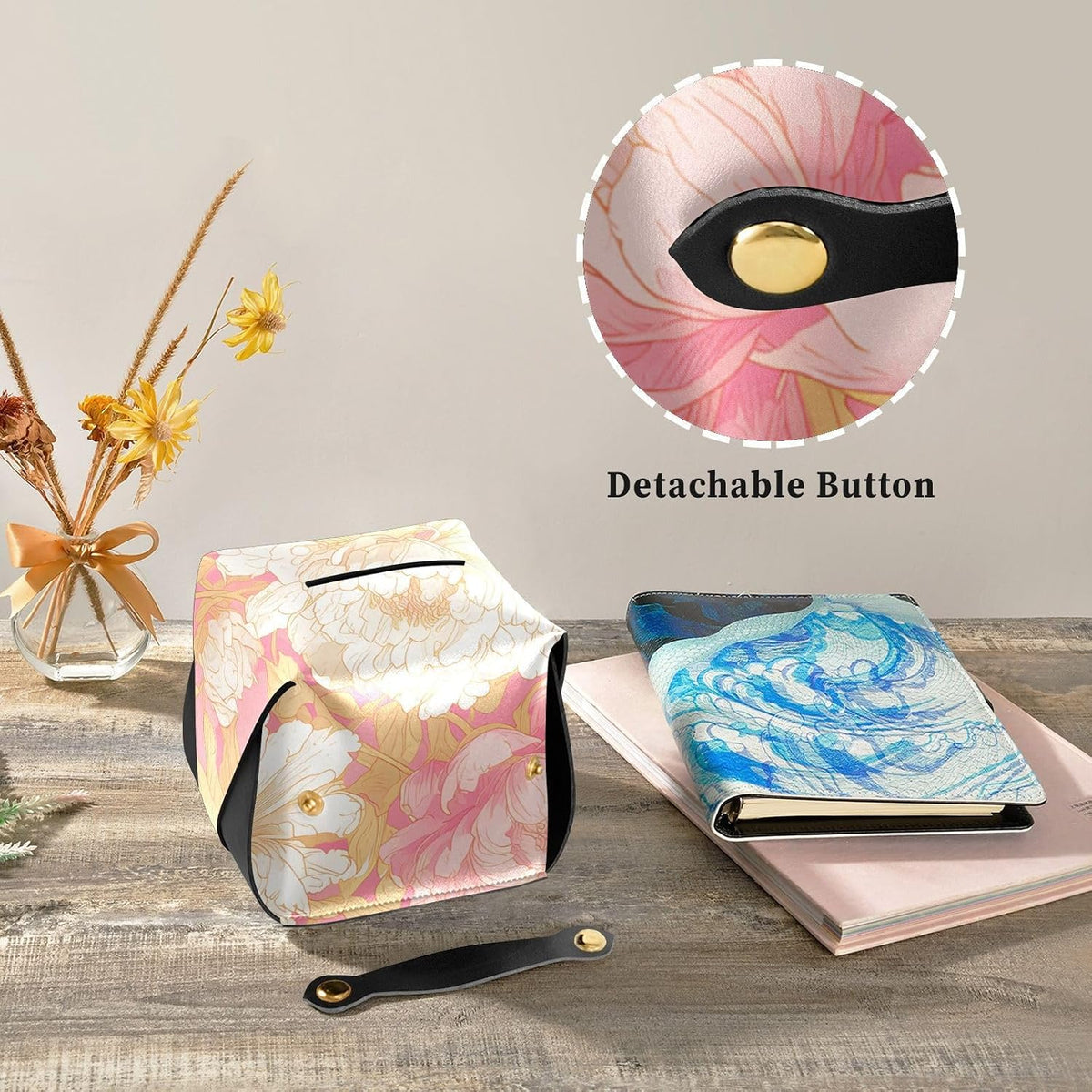 Leather tissue box holder Hanging napkin holder for car with Adjustable straps & zipper Reusable auto tissue dispenser Chinese Style Floral Peony Peach Gold