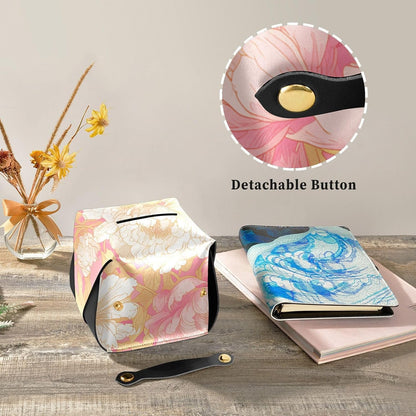 Leather tissue box holder Hanging napkin holder for car with Adjustable straps & zipper Reusable auto tissue dispenser Chinese Style Floral Peony Peach Gold