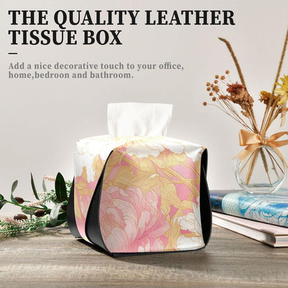 Leather tissue box holder Hanging napkin holder for car with Adjustable straps & zipper Reusable auto tissue dispenser Chinese Style Floral Peony Peach Gold