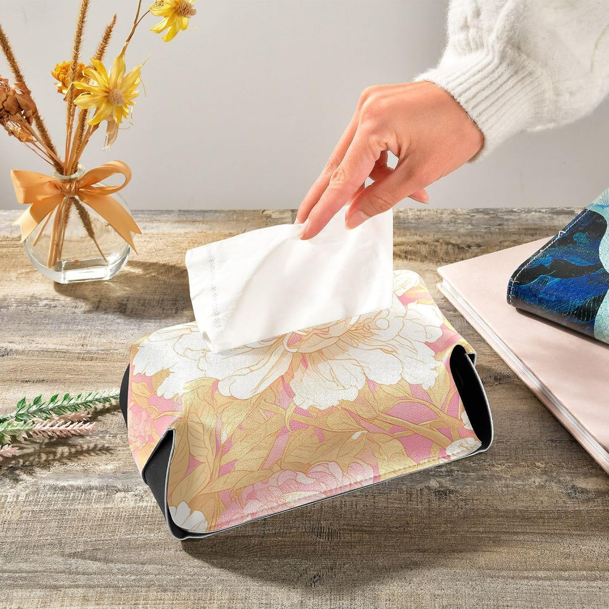 Leather tissue box holder Hanging napkin holder for car with Adjustable straps & zipper Reusable auto tissue dispenser Chinese Style Floral Peony Peach Gold