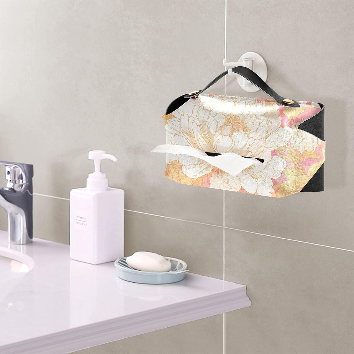 Leather tissue box holder Hanging napkin holder for car with Adjustable straps & zipper Reusable auto tissue dispenser Chinese Style Floral Peony Peach Gold