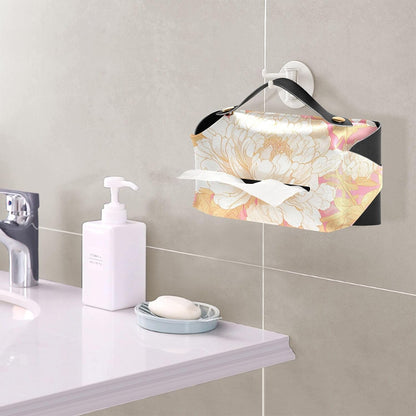 Leather tissue box holder Hanging napkin holder for car with Adjustable straps & zipper Reusable auto tissue dispenser Chinese Style Floral Peony Peach Gold