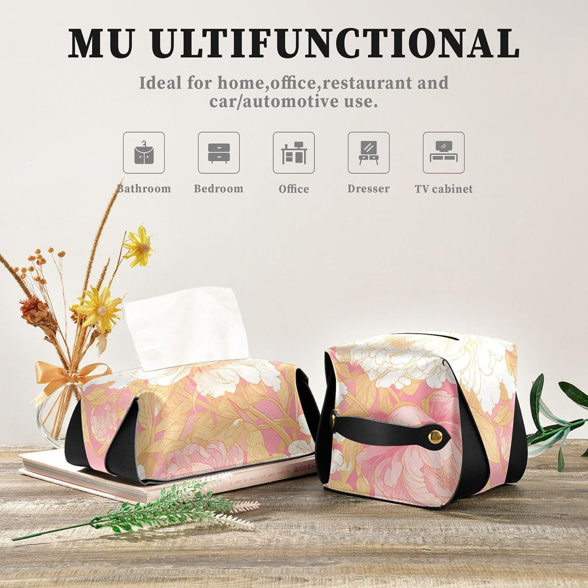 Leather tissue box holder Hanging napkin holder for car with Adjustable straps & zipper Reusable auto tissue dispenser Chinese Style Floral Peony Peach Gold