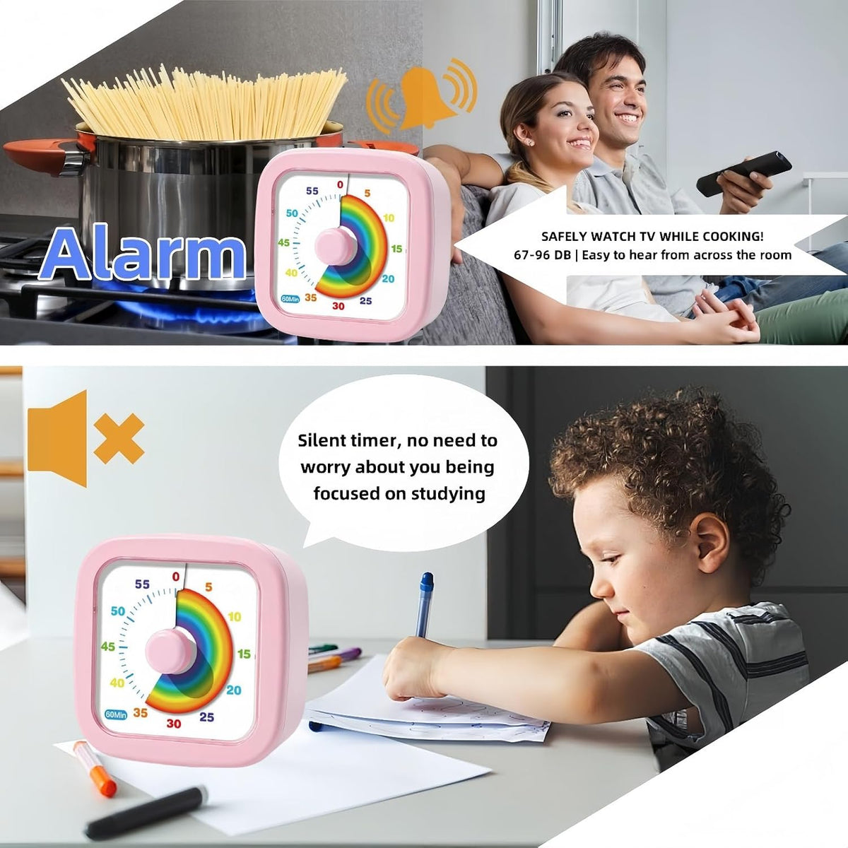 60-Minute Visual Timer, Countdown Timer for Kids and Adults, Kitchen timers for Cooking, Silent Classroom Timer for Home School Work (Pink)