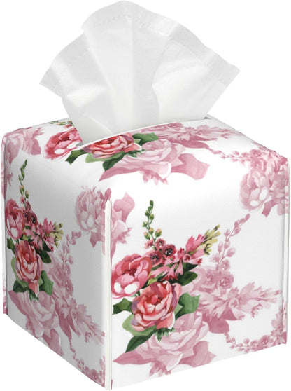 Leather Tissue Box Holder Watercolor Pink Rose Flower Tissue Box Cover Facial Paper Case Organizer Cube Napkin Dispenser for Bathroom Vanity Countertop Night Stand Office Car