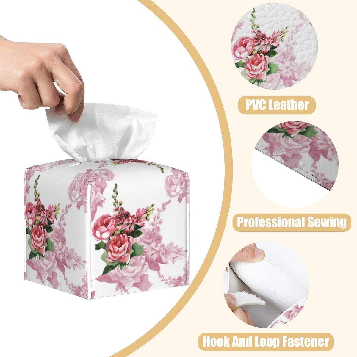 Leather Tissue Box Holder Watercolor Pink Rose Flower Tissue Box Cover Facial Paper Case Organizer Cube Napkin Dispenser for Bathroom Vanity Countertop Night Stand Office Car