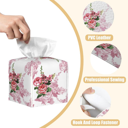 Leather Tissue Box Holder Watercolor Pink Rose Flower Tissue Box Cover Facial Paper Case Organizer Cube Napkin Dispenser for Bathroom Vanity Countertop Night Stand Office Car