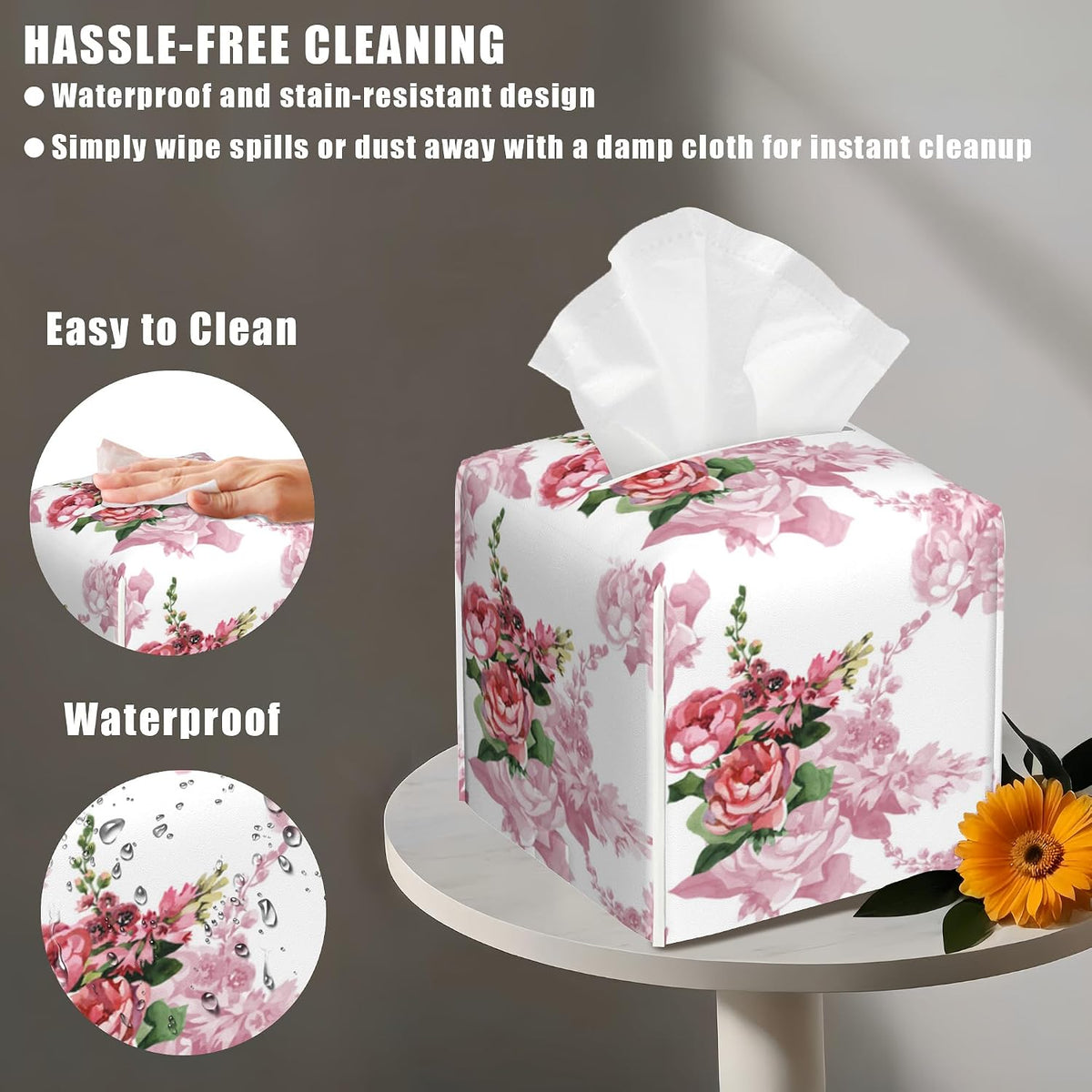 Leather Tissue Box Holder Watercolor Pink Rose Flower Tissue Box Cover Facial Paper Case Organizer Cube Napkin Dispenser for Bathroom Vanity Countertop Night Stand Office Car